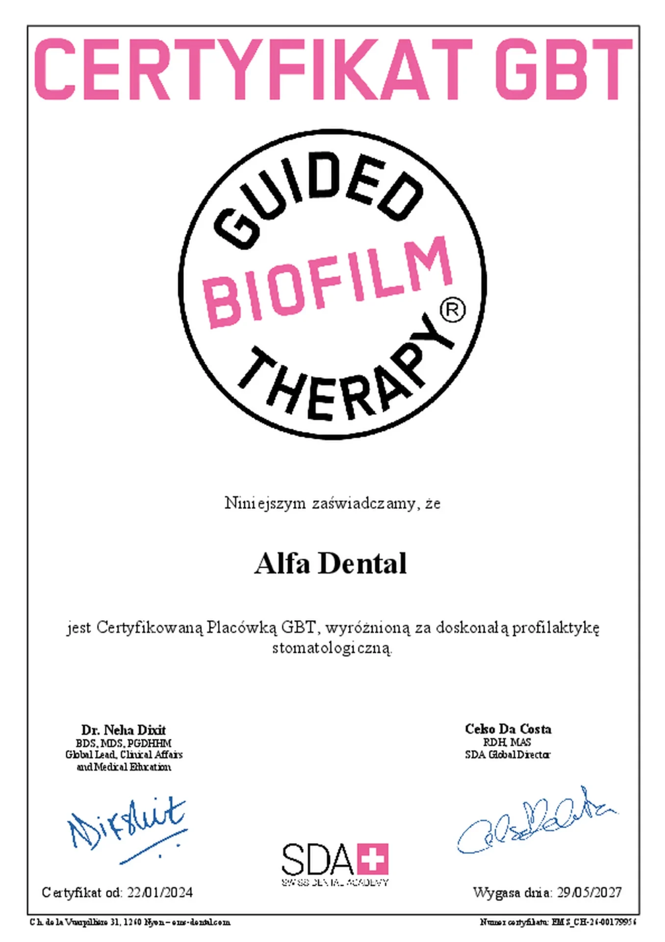Alfa Dental Olsztyn - Certyfikat GBT Practice